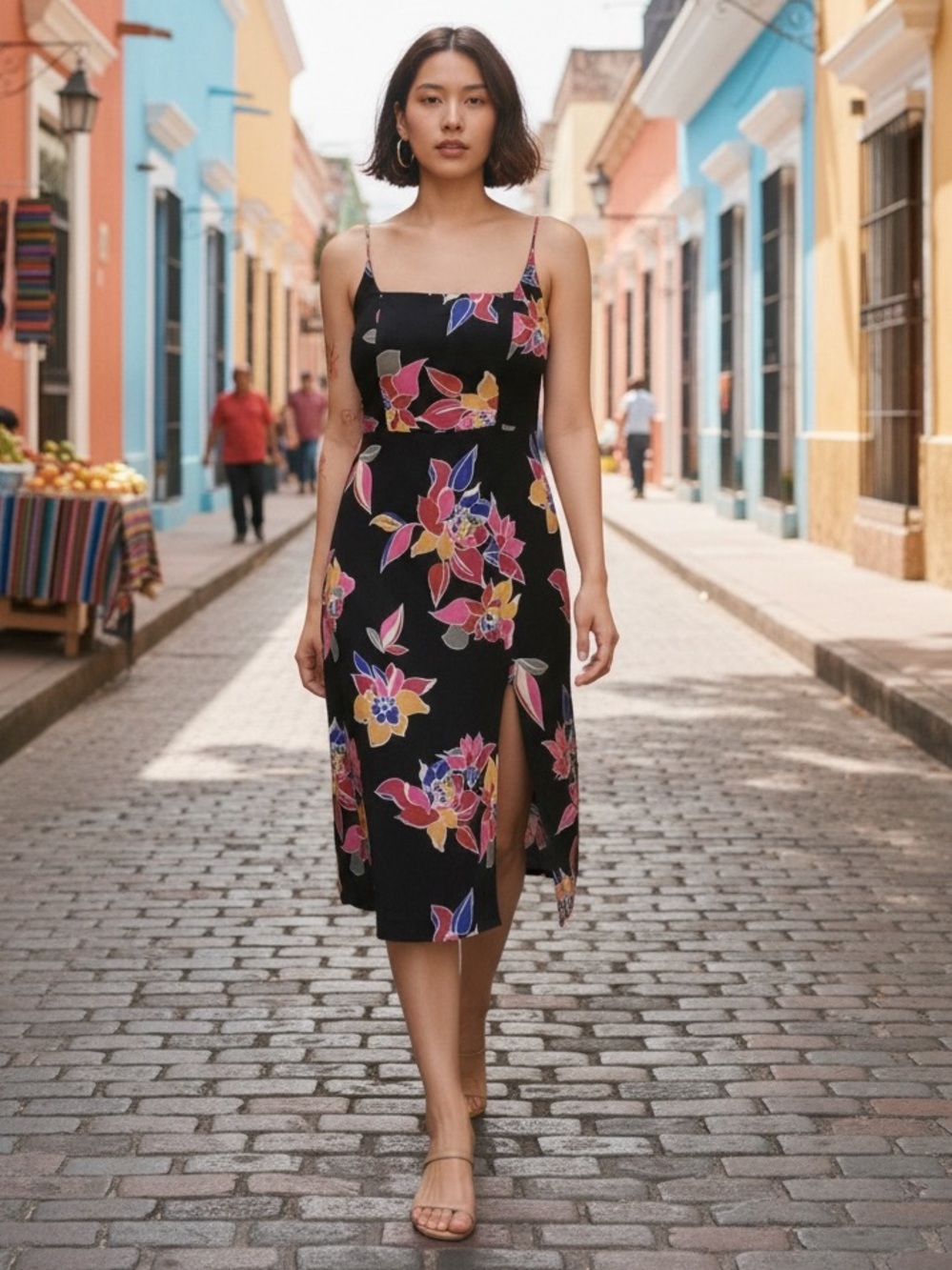 Floral Spaghetti-Strap Midi Dress in Black with Pink & Yellow Blooms